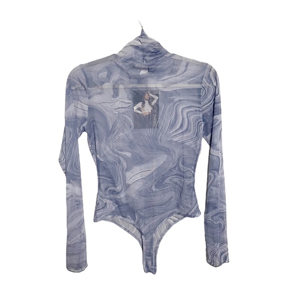 Naked Wardrobe Bodysuit Turtleneck Mesh Long Sleeve Denim Marble Size Small - Picture 2 of 3